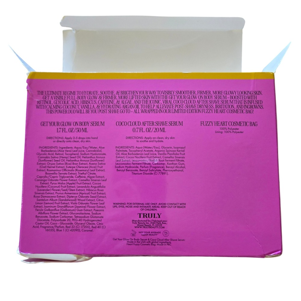Truly Coco Glow Body Serum Gift Set Womens OS Pink Purple New Retinol Shave Bag - Picture 3 of 6